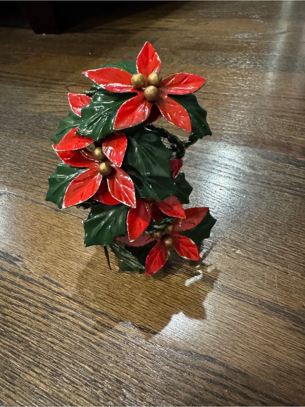 Vintage Christmas Napkin Rings Holiday Poinsettia Hair - Red & Green - Metal